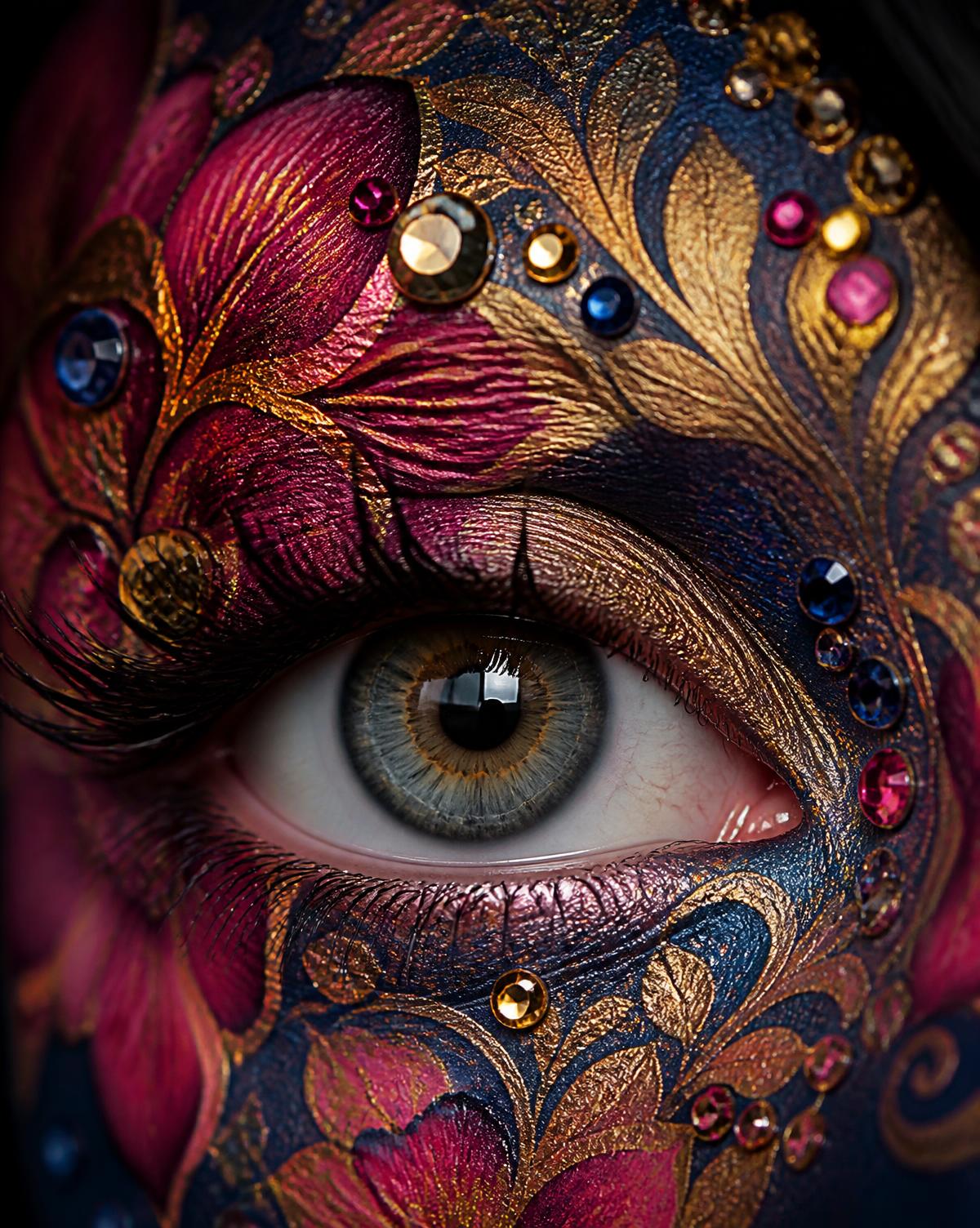 Macro detail of a painted eye with floral gold and magenta brushwork