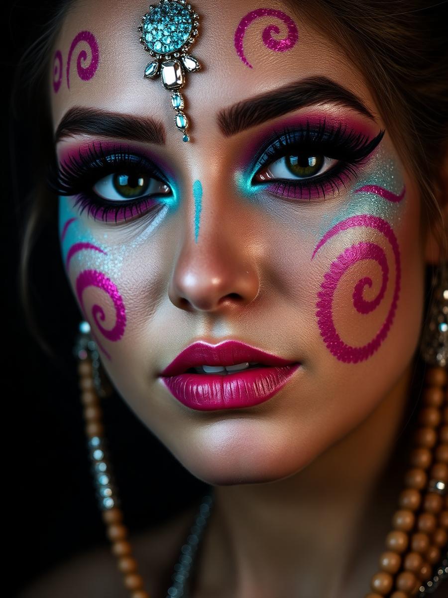 Glamorous adult festival face paint with gems, glitter and pink swirls