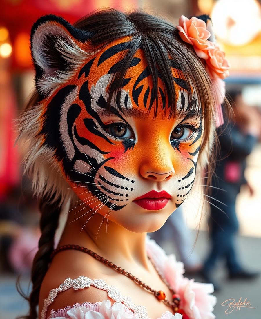 Detailed tiger face painting design with fine brushwork