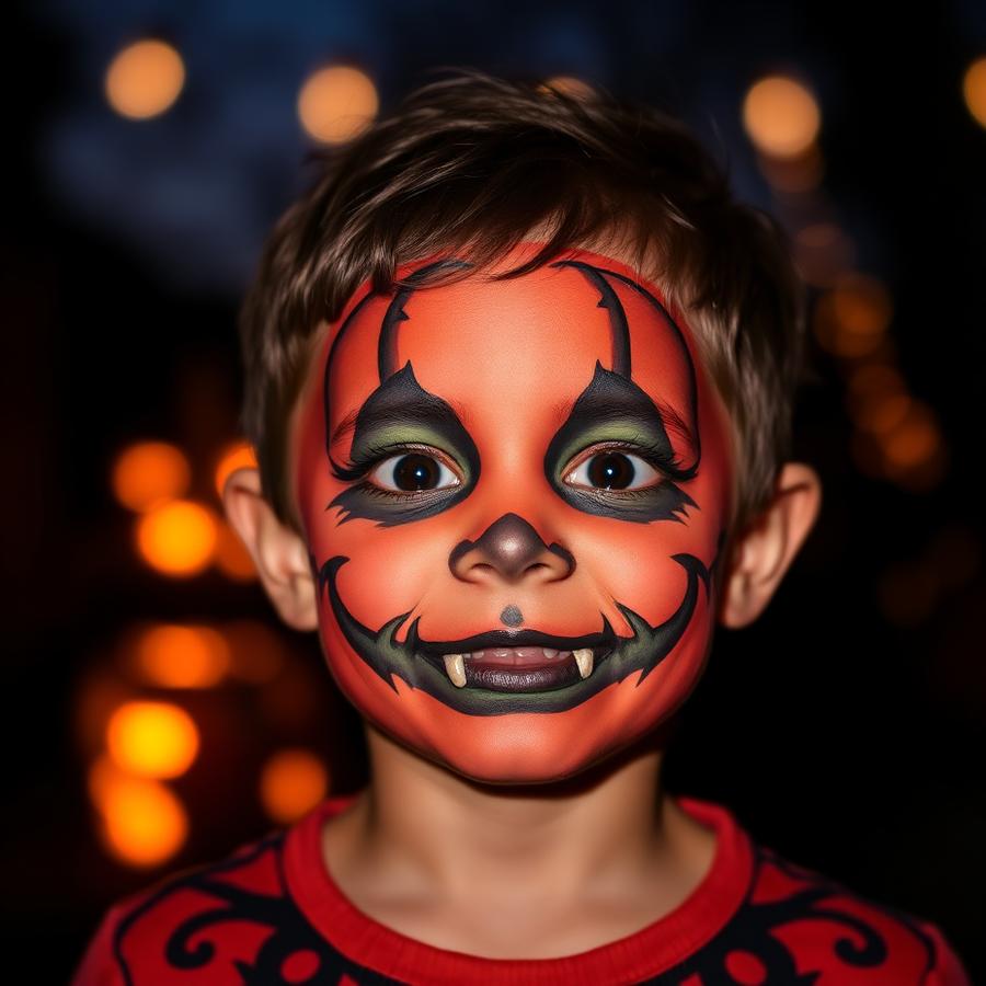 Friendly Halloween pumpkin face painting design on a child