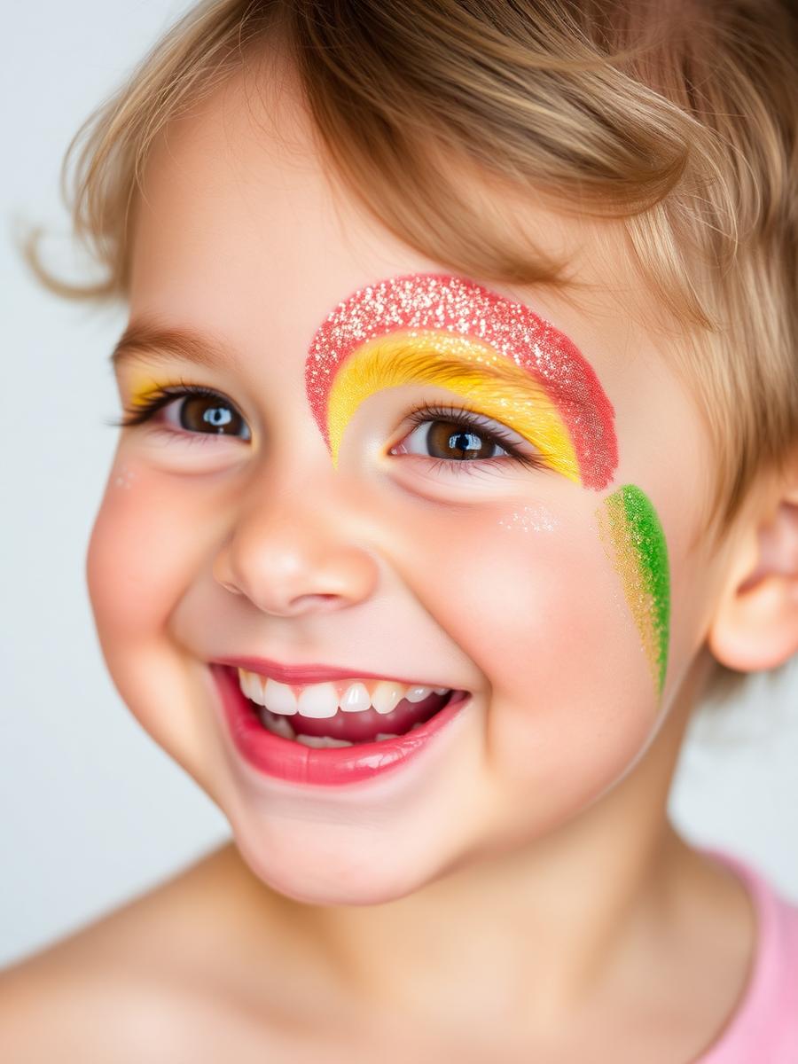 Rainbow and glitter face painting design on a smiling young child