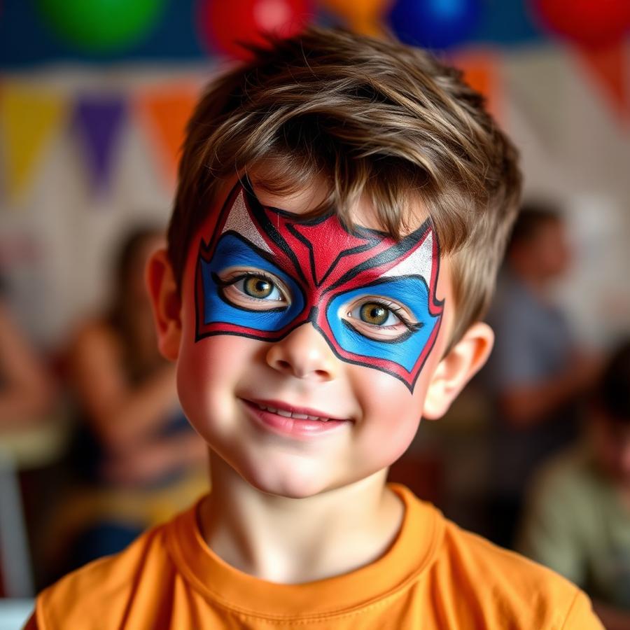 Red and blue superhero mask face painting on a young boy at a birthday party